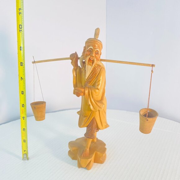Vintage Hand Carved Wooden Asian Carrying Water Figurine Chinese Sculpture 10" - Picture 16 of 16